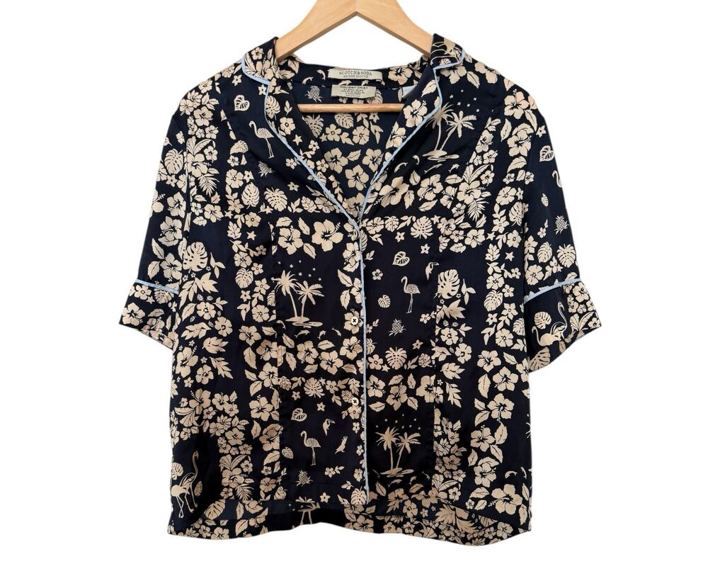 Maison Scotch Floral Button Front Blouse Womens Large Short Sleeve Holiday Shirt